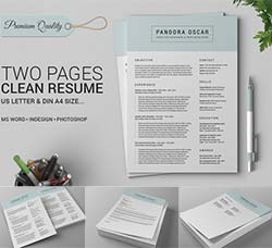 个人简历模板(INDD/DOCX/PSD)：2 Pages Clean Resume CV - Pandora